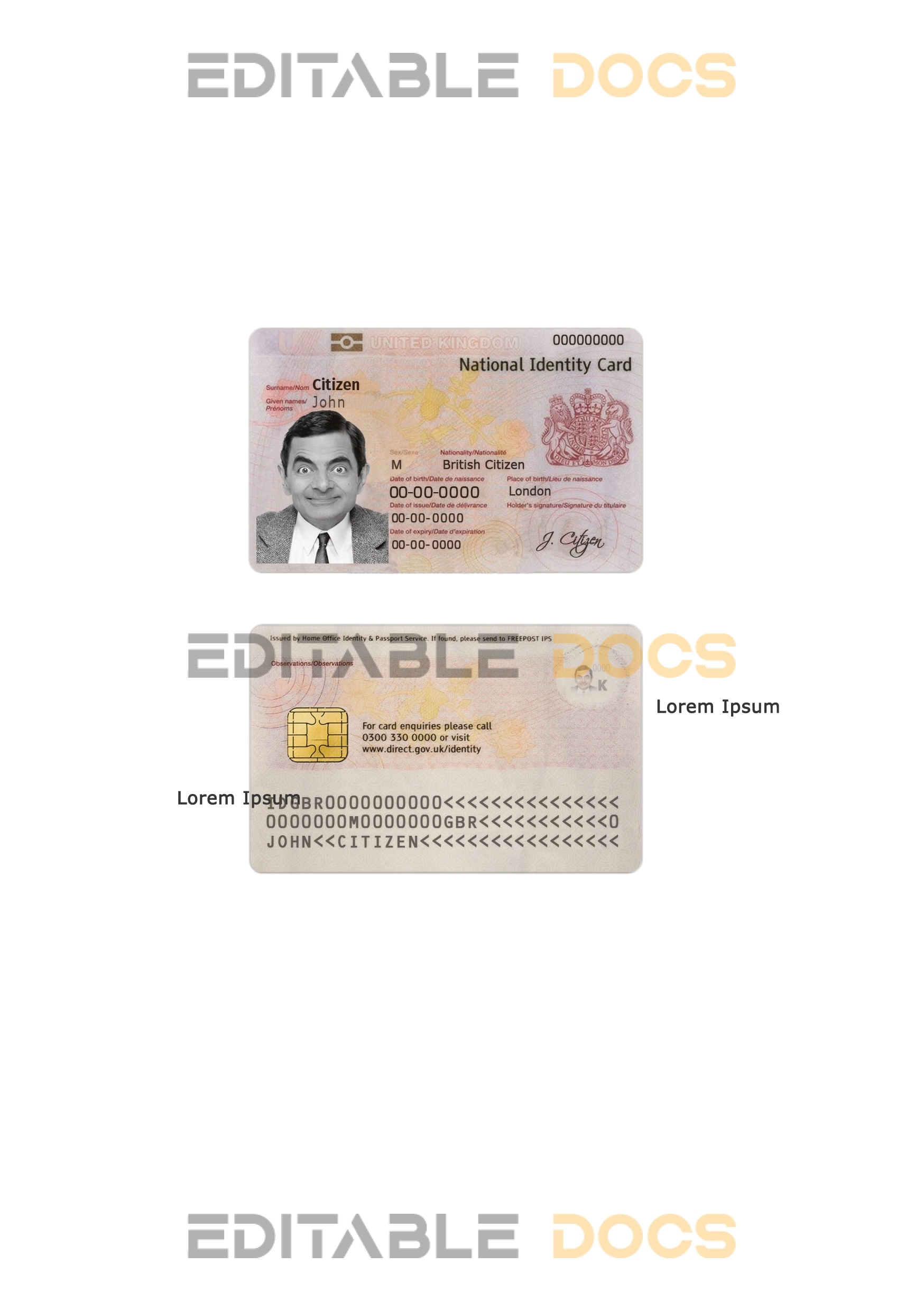 United Kingdom ID (Identity Card) template in PSD format