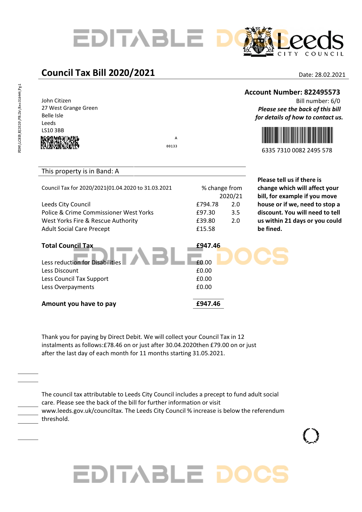 United Kingdom Leeds City Council tax bill template in Word and PDF format