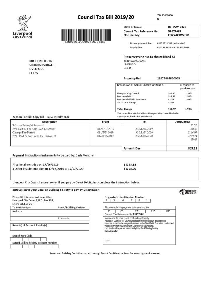 United Kingdom Liverpool City Council tax bill template in Word format