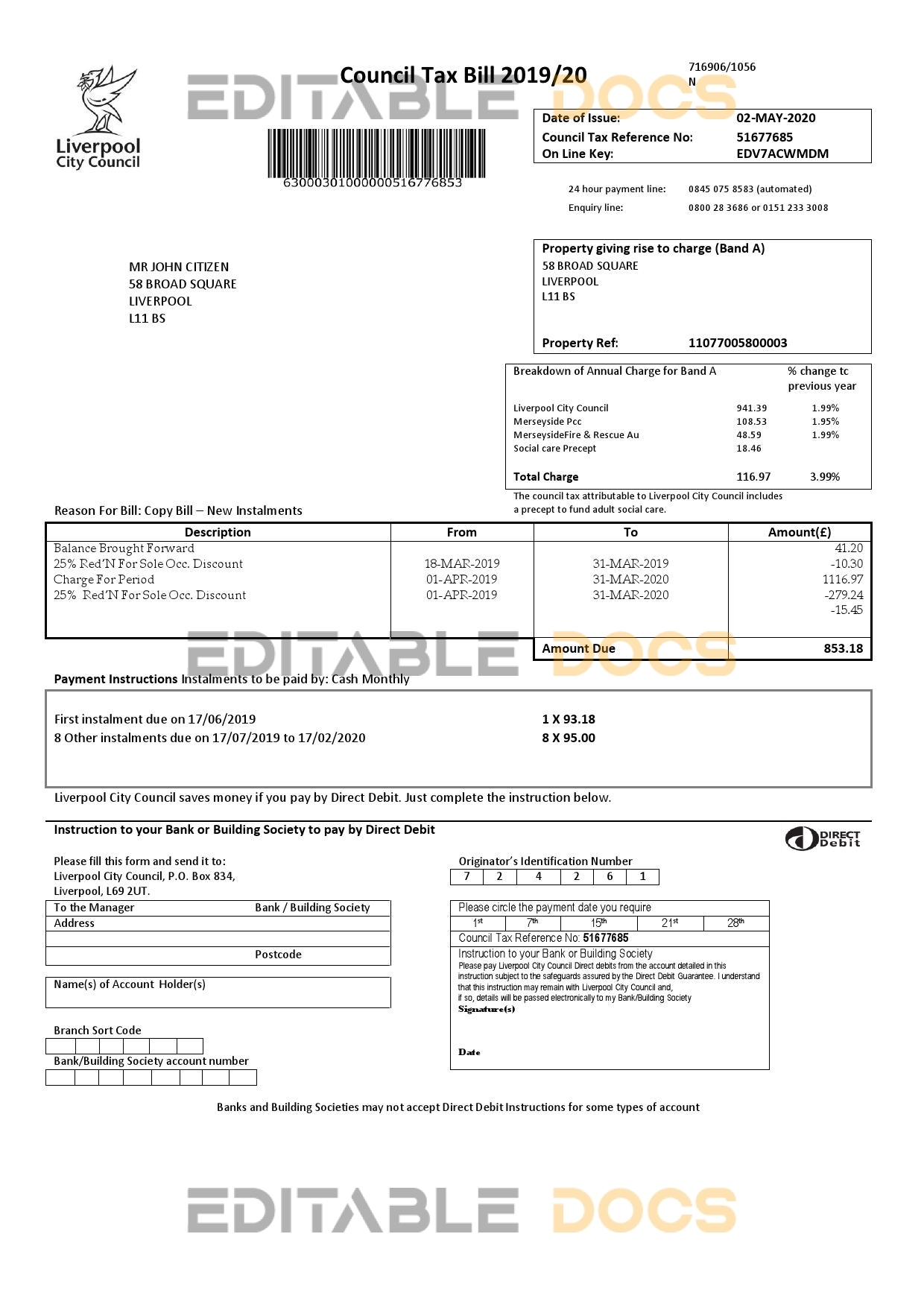 United Kingdom Liverpool City Council tax bill template in Word format