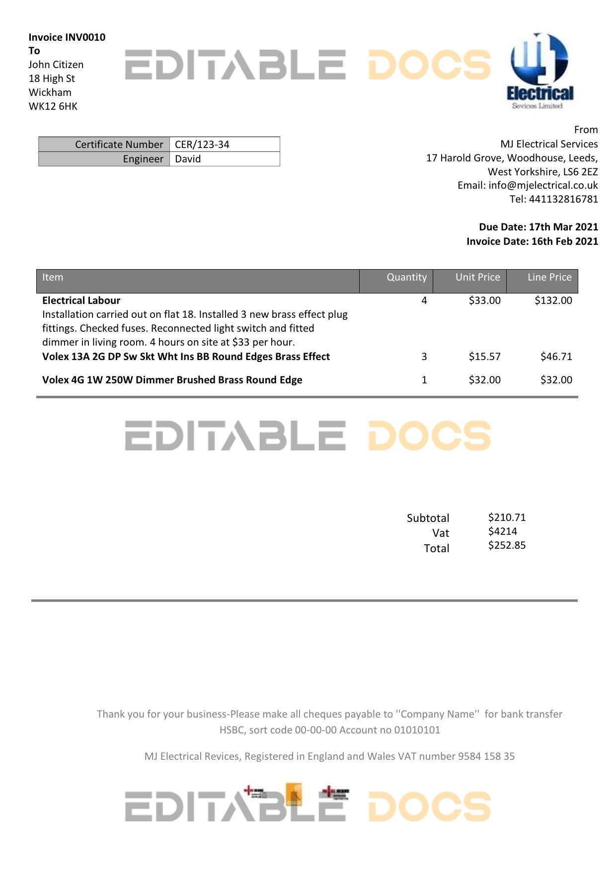 United Kingdom MJ Electrical proof of address utility bill template in Word and PDF format