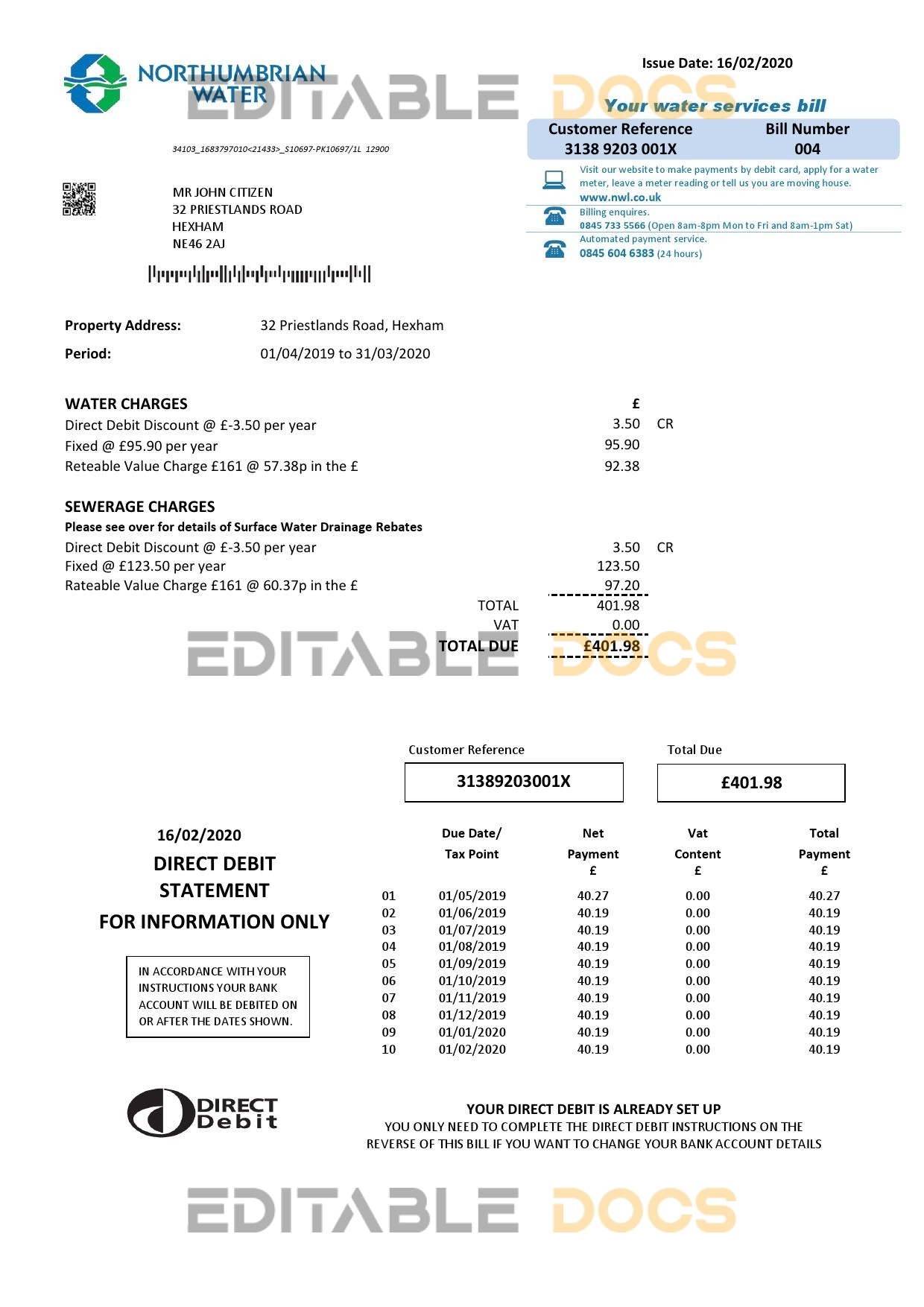 United Kingdom Northumbrian Water utility bill template in Word and PDF format, version 2