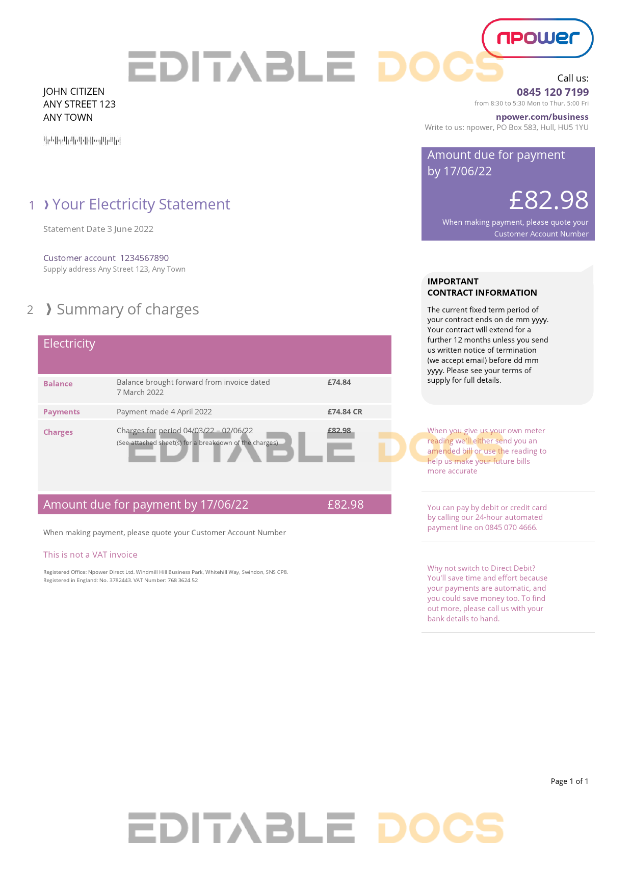United Kingdom Npower utility bill, Word and PDF template