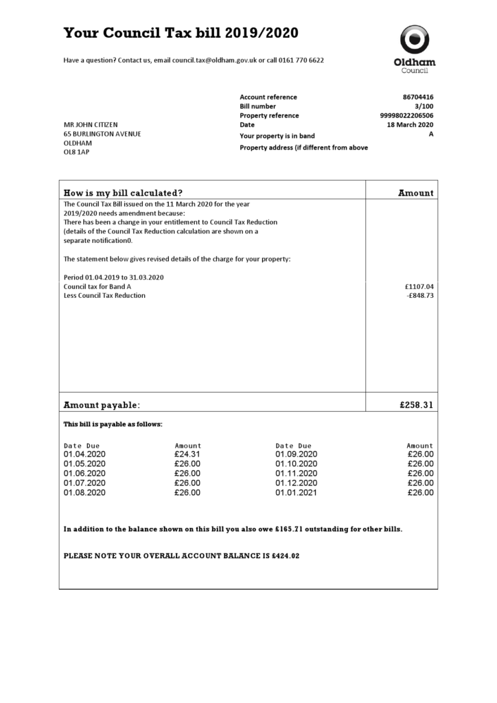 United Kingdom Oldham council tax bill template in Word and PDF format