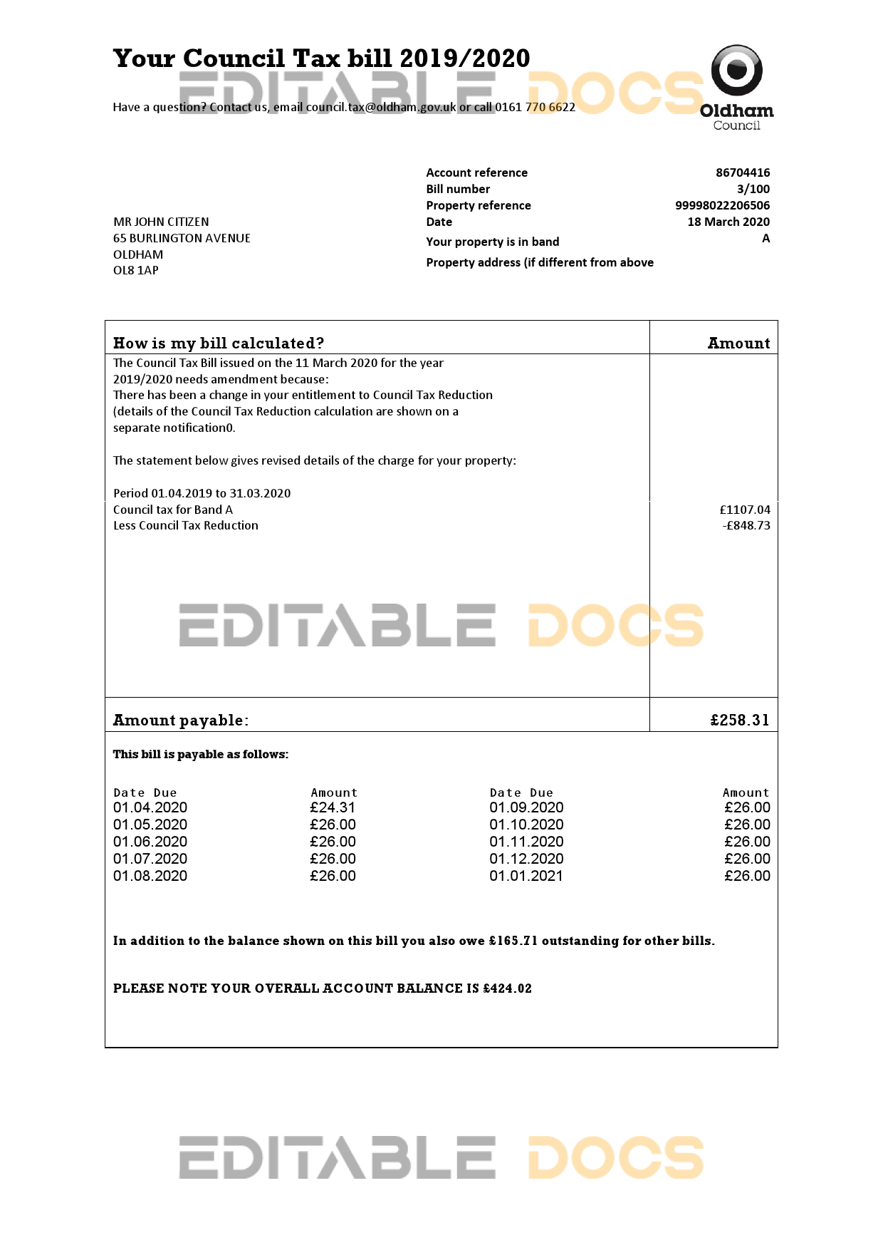 United Kingdom Oldham council tax bill template in Word and PDF format