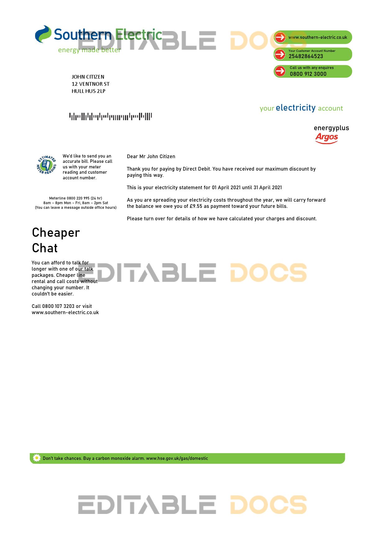 United Kingdom Southern Electric proof of address utility bill template in Word and PDF format