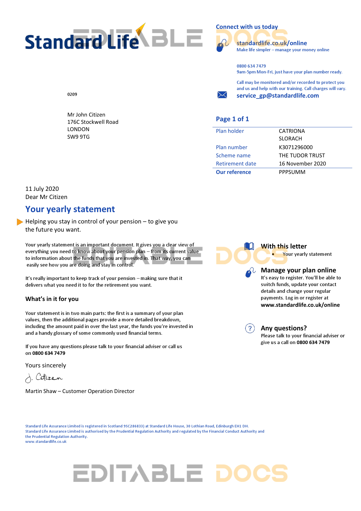 United Kingdom Standard Life utility bill template in Word and PDF format