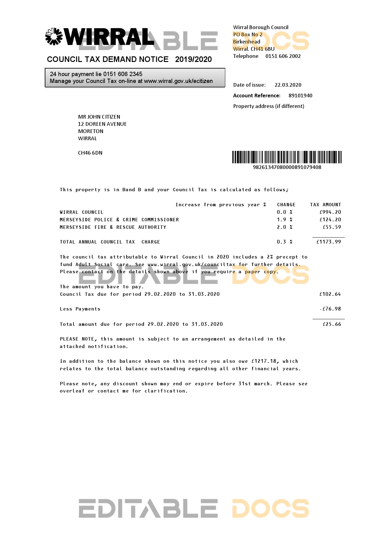 United Kingdom Wirral council tax bill template in Word and PDF format