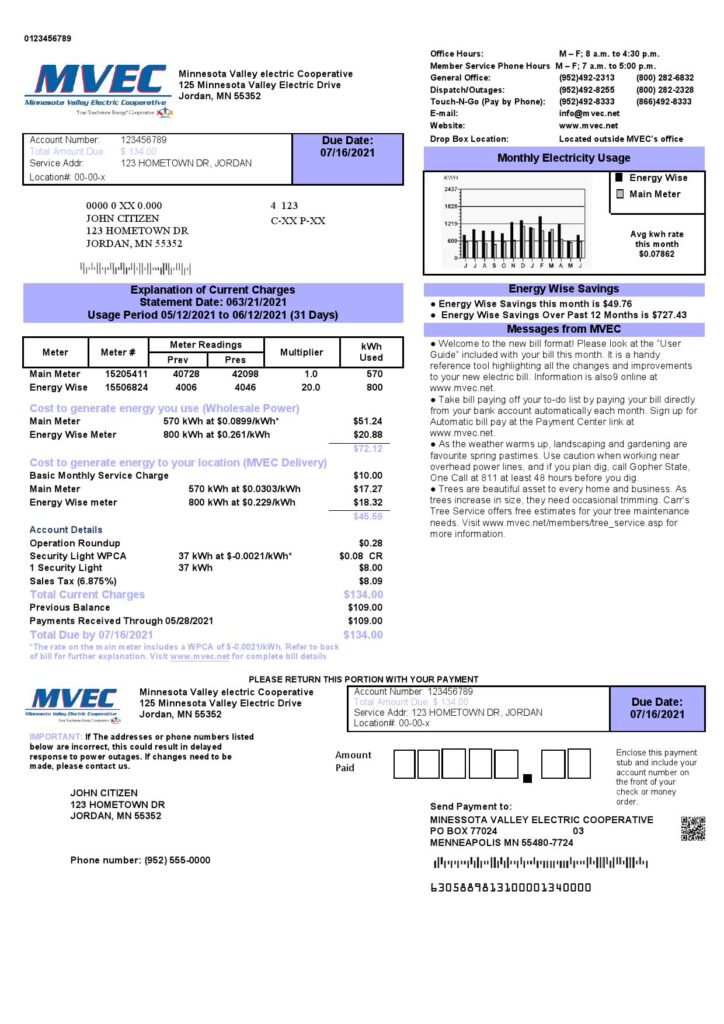 USA Minnesota Valley Electric Cooperative (MVEC) utility bill template in Word and PDF format