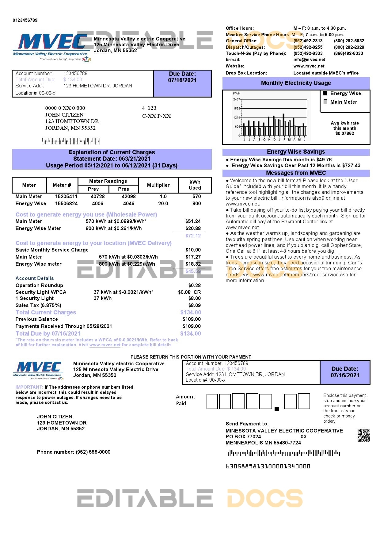 USA Minnesota Valley Electric Cooperative (MVEC) utility bill template in Word and PDF format