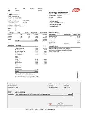 USA ADP Earnings statement template in .xls and .pdf file format