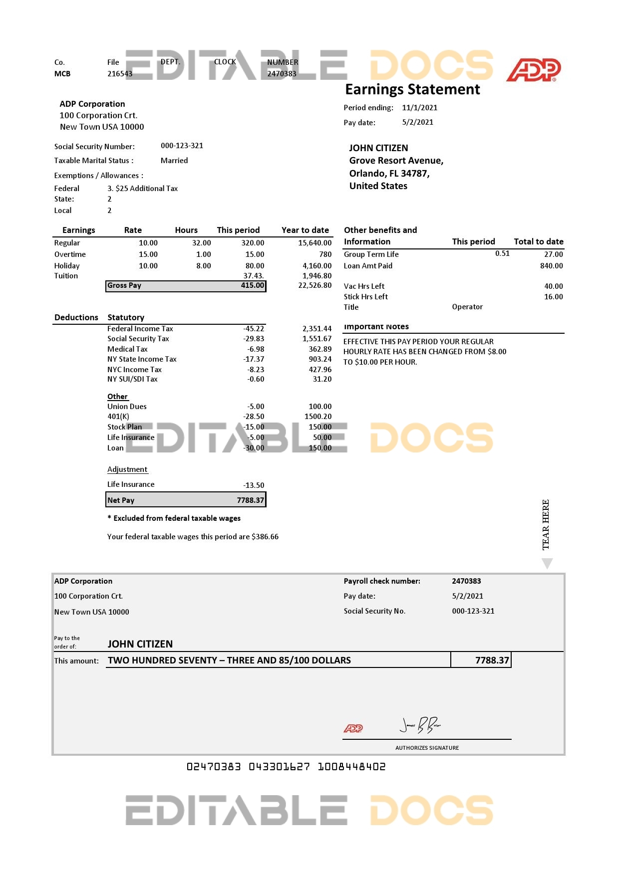 USA ADP Earnings statement template in .xls and .pdf file format