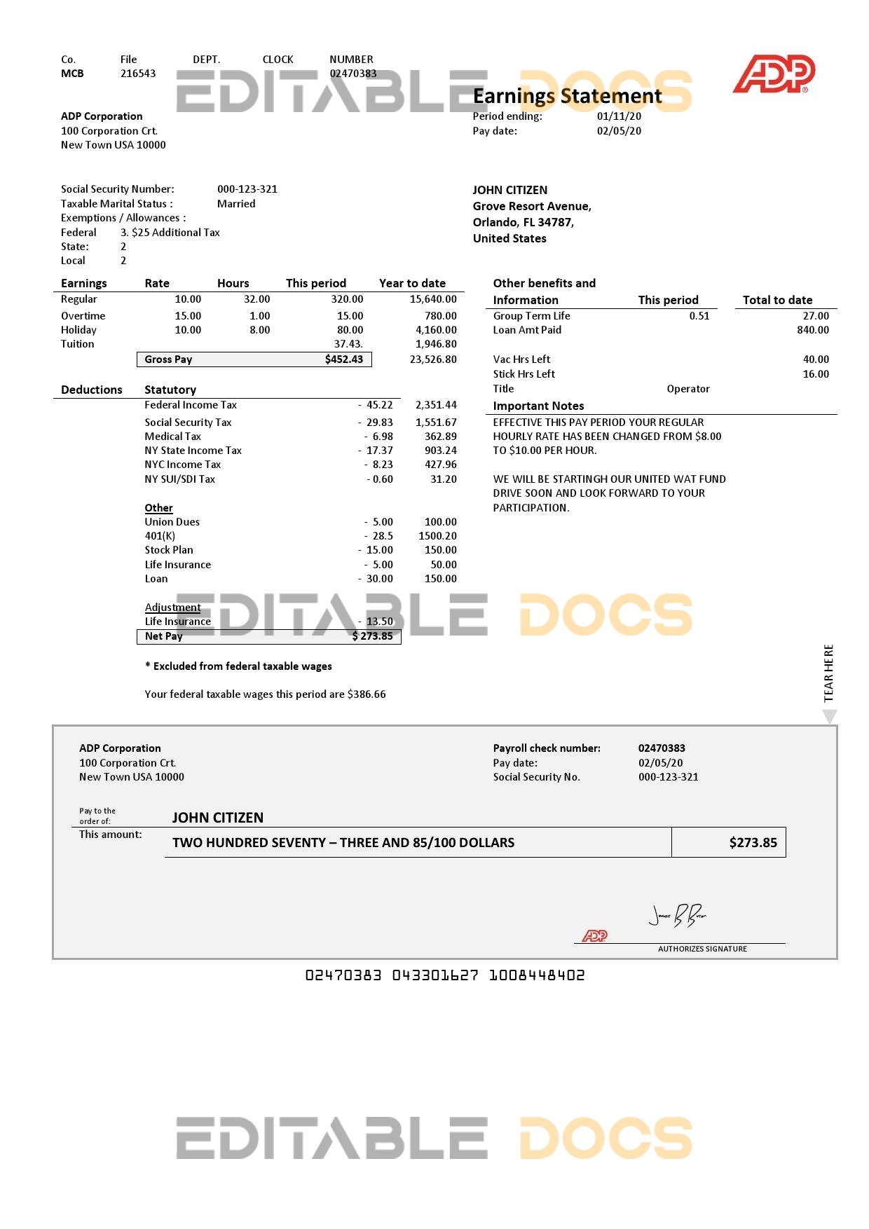 USA ADP Earnings statement template in Word and PDF format