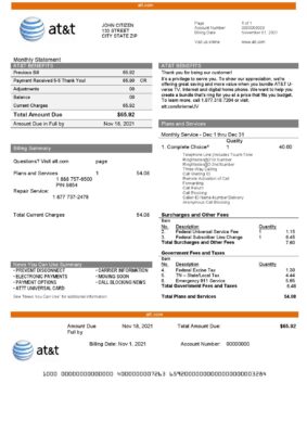 USA Texas AT&T telecommunications utility bill template in Word and PDF format