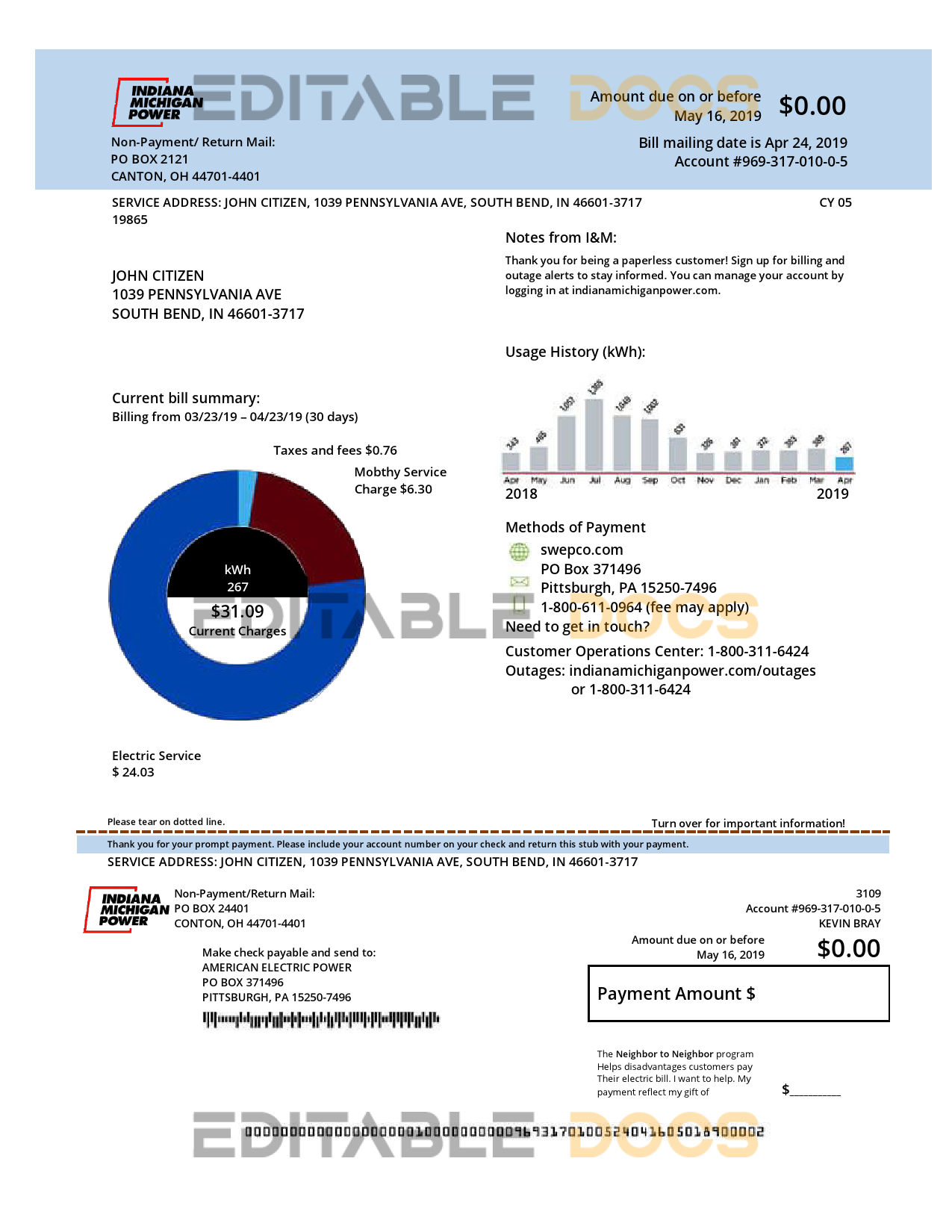 USA Indiana electricity utility bill template in Word and PDF format (.doc and .pdf)