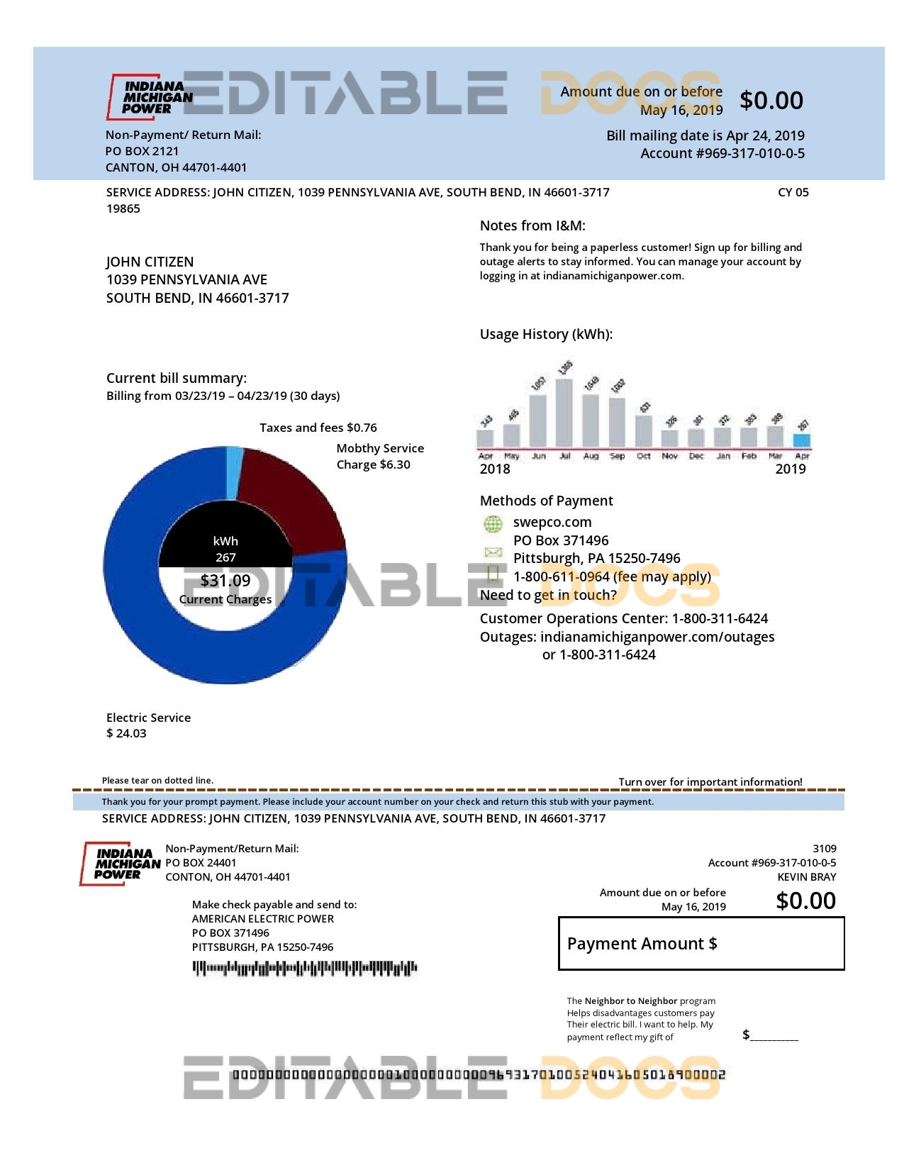 USA Michigan electricity utility bill template in Word and PDF format