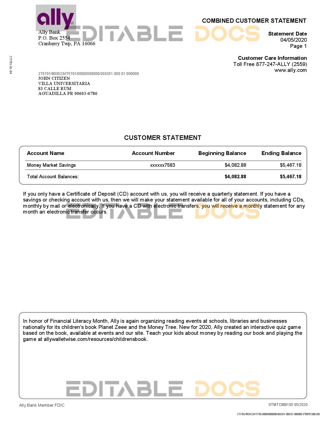 USA Ally Bank statement template in Word and PDF format (4 pages)