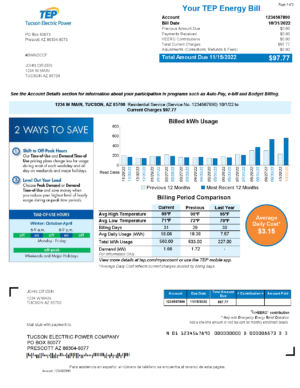 USA Editable Templates 5 USA Arizona Tucson Electric Power (TEP) utility bill, Word and PDF template, 2 pages