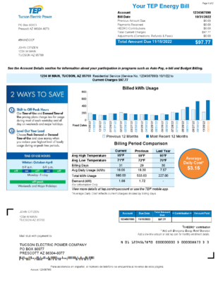 USA Arizona Tucson Electric Power (TEP) utility bill, Word and PDF template, 2 pages