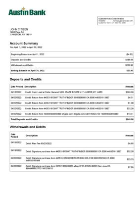 USA Austin bank statement, Word and PDF template, 2 pages