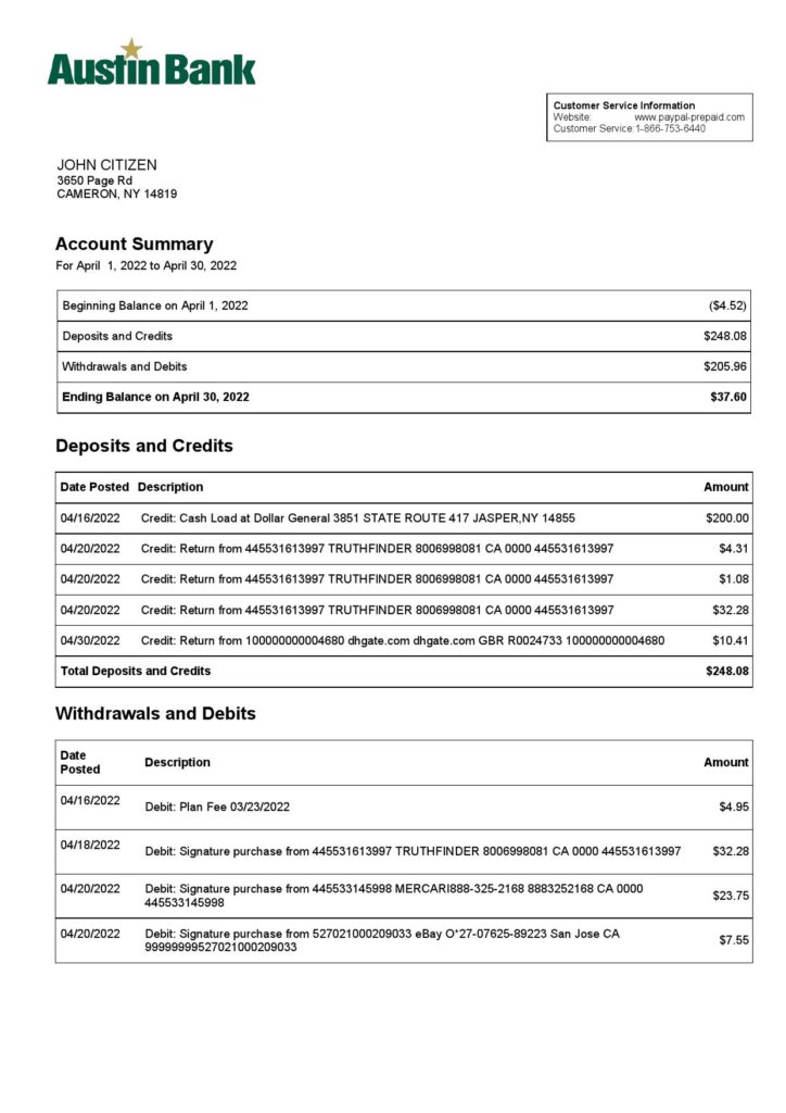 USA Austin bank statement, Word and PDF template, 2 pages 1