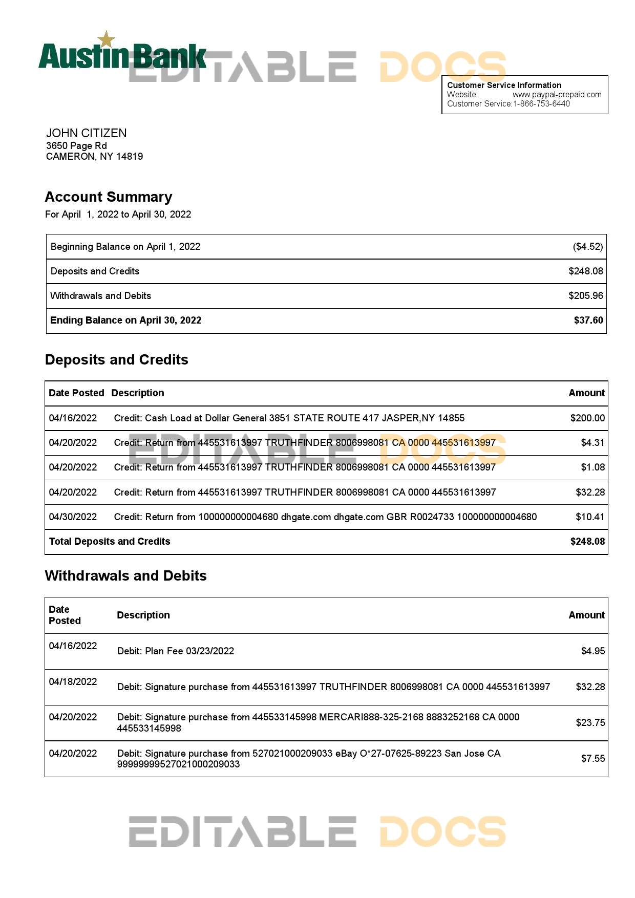USA Austin bank statement, Word and PDF template, 2 pages