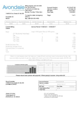 USA Arizona The City of Avondale Water utility bill template in Word and PDF format