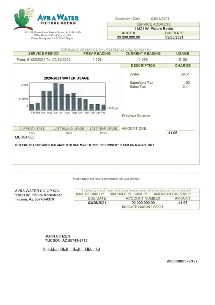 USA Arizona Avra Water utility bill template in Word and PDF format