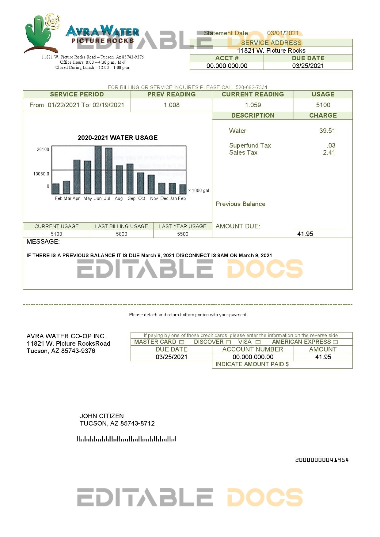 USA Arizona Avra Water utility bill template in Word and PDF format