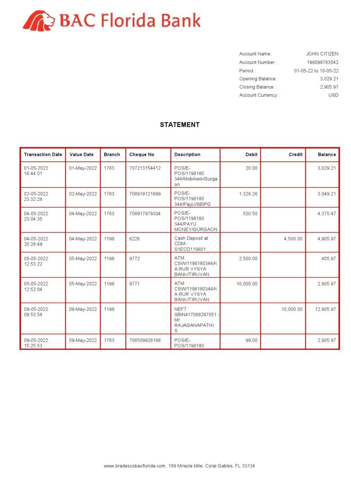 USA BAC Florida bank statement Word and PDF template