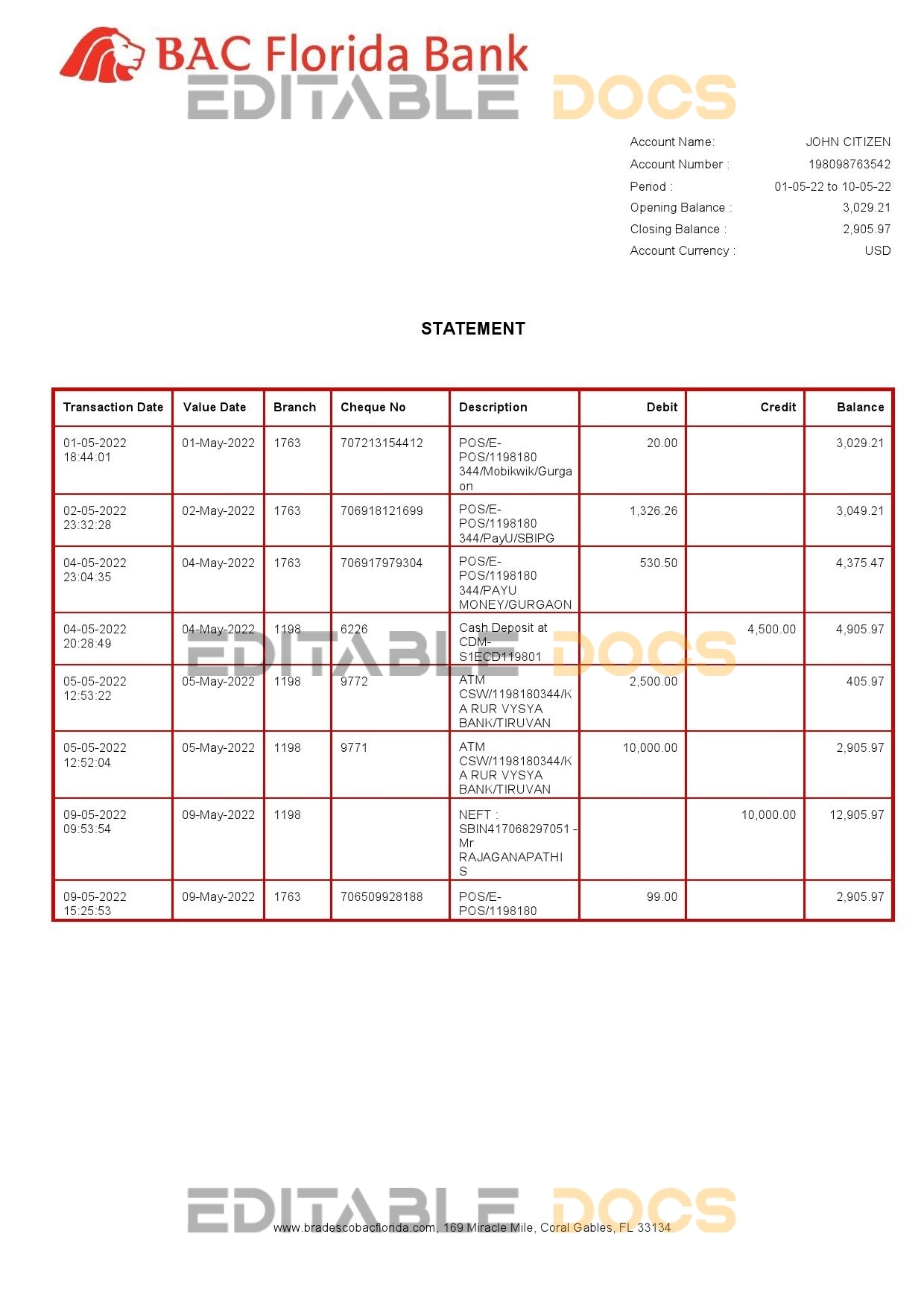 USA BAC Florida bank statement Word and PDF template