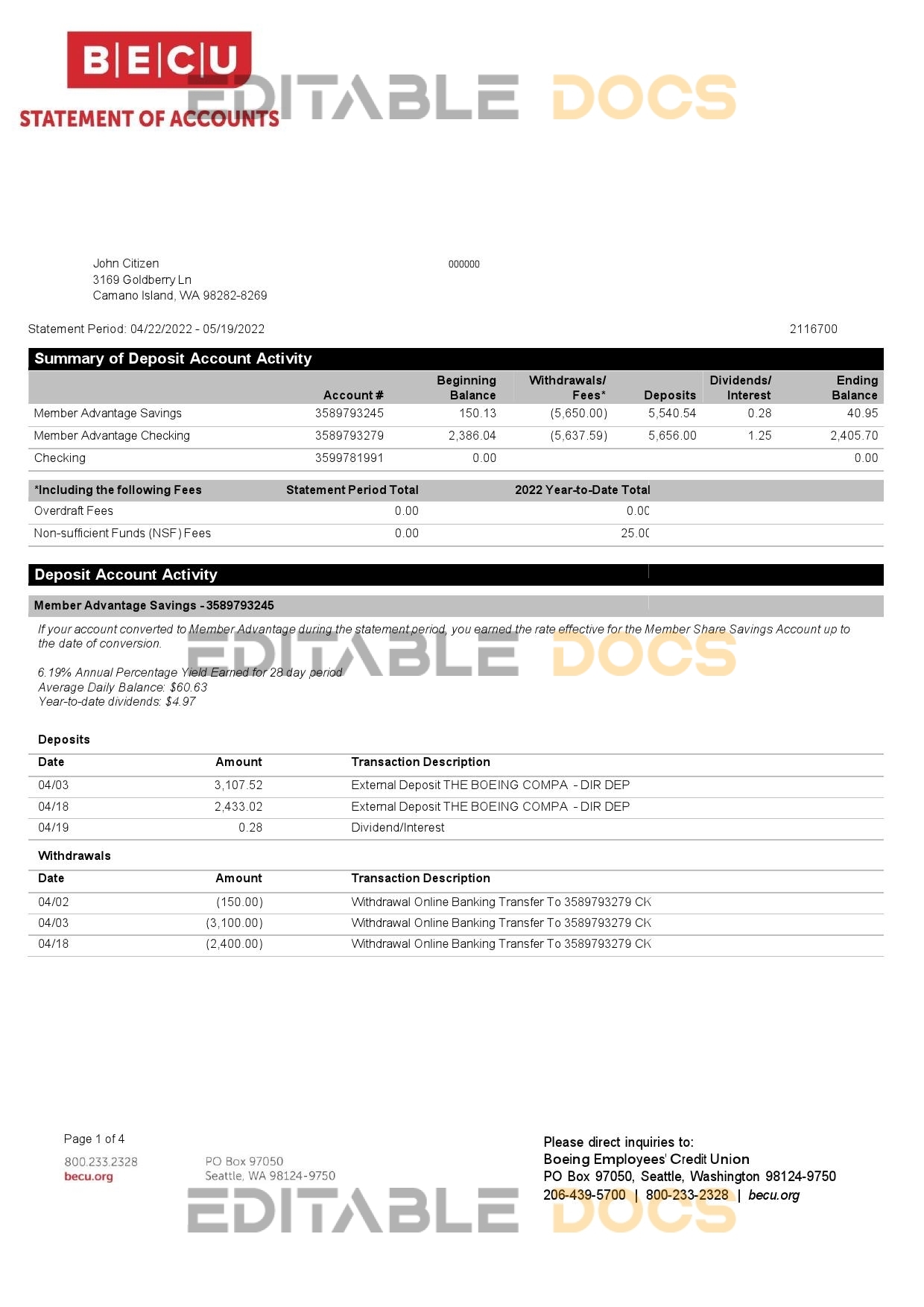 USA BECU bank statement, Word and PDF template, 4 pages