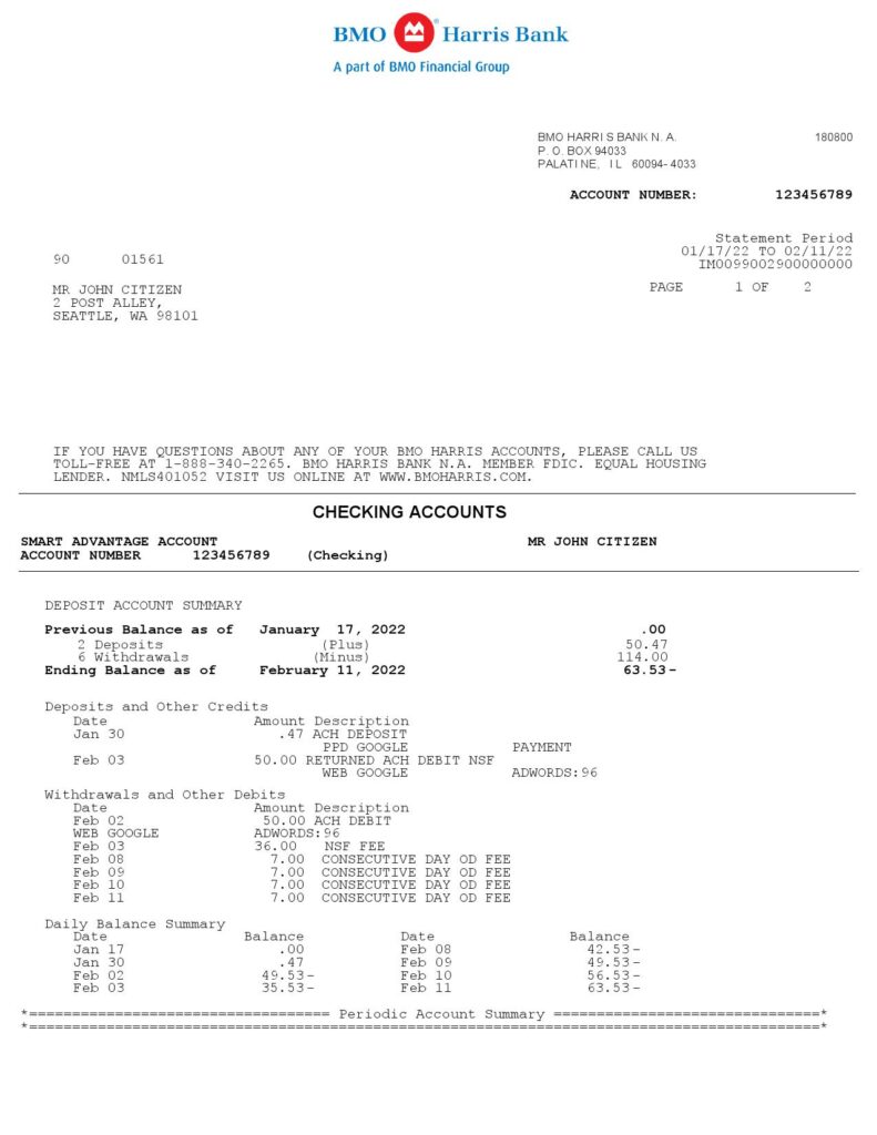 USA BMO Harris bank statement Word and PDF template, 3 pages 1