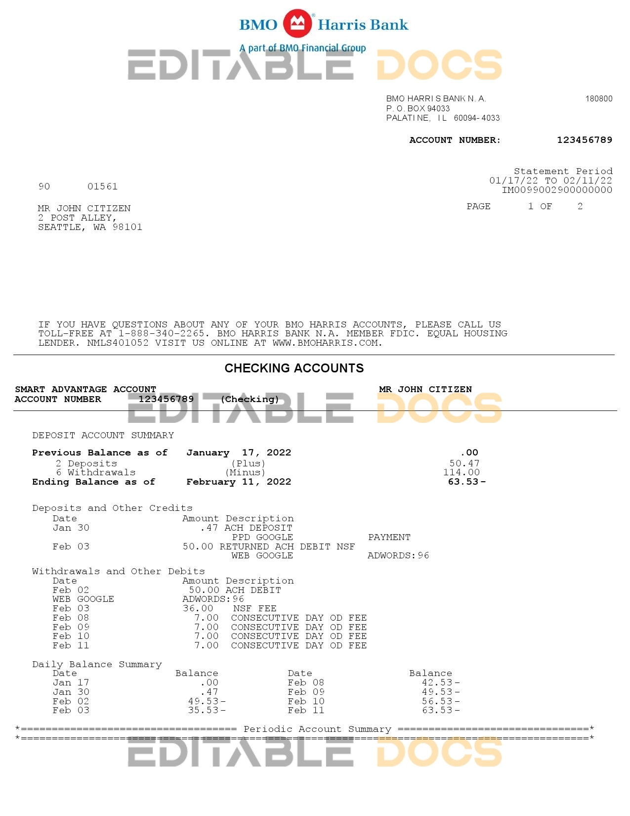 USA BMO Harris bank statement Word and PDF template, 3 pages