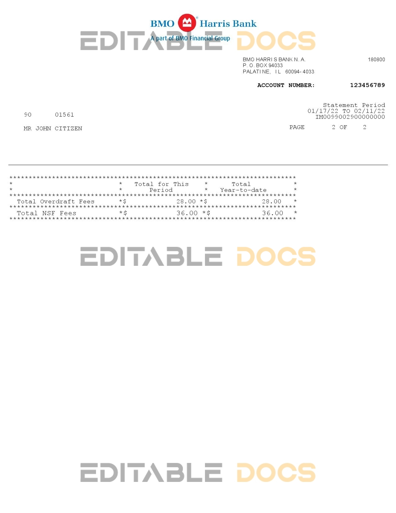 USA BMO Harris bank statement Word and PDF template, 3 pages