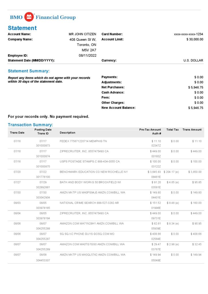 USA BMO bank statement, Word and PDF template, 4 pages