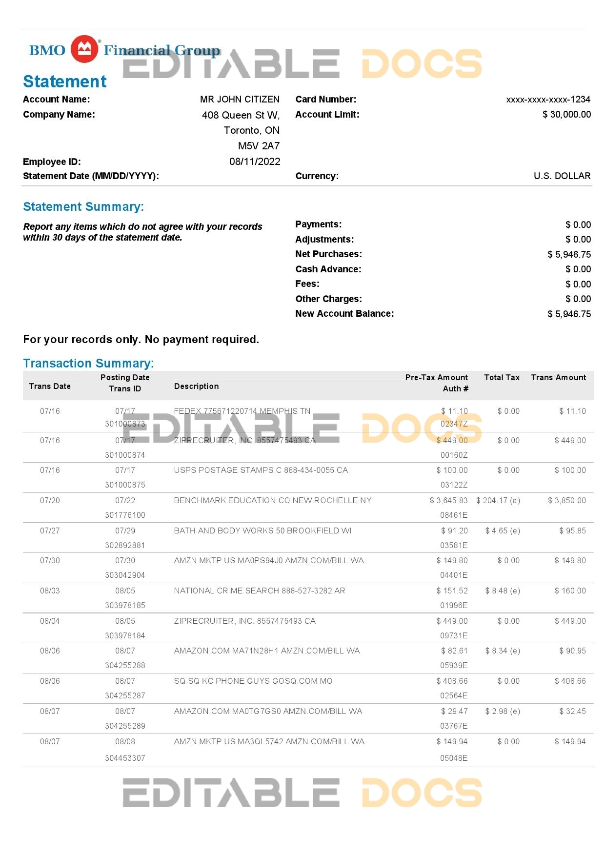 USA BMO bank statement, Word and PDF template, 4 pages