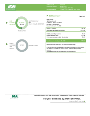 USA Editable Templates 2 USA Maryland Baltimore Gas and Electric (BGE) utility bill template in Word and PDF format (2 pages)