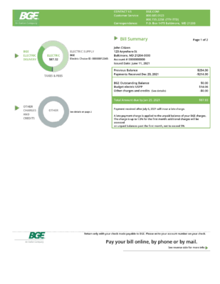 USA Maryland Baltimore Gas and Electric (BGE) utility bill template in Word and PDF format (2 pages)