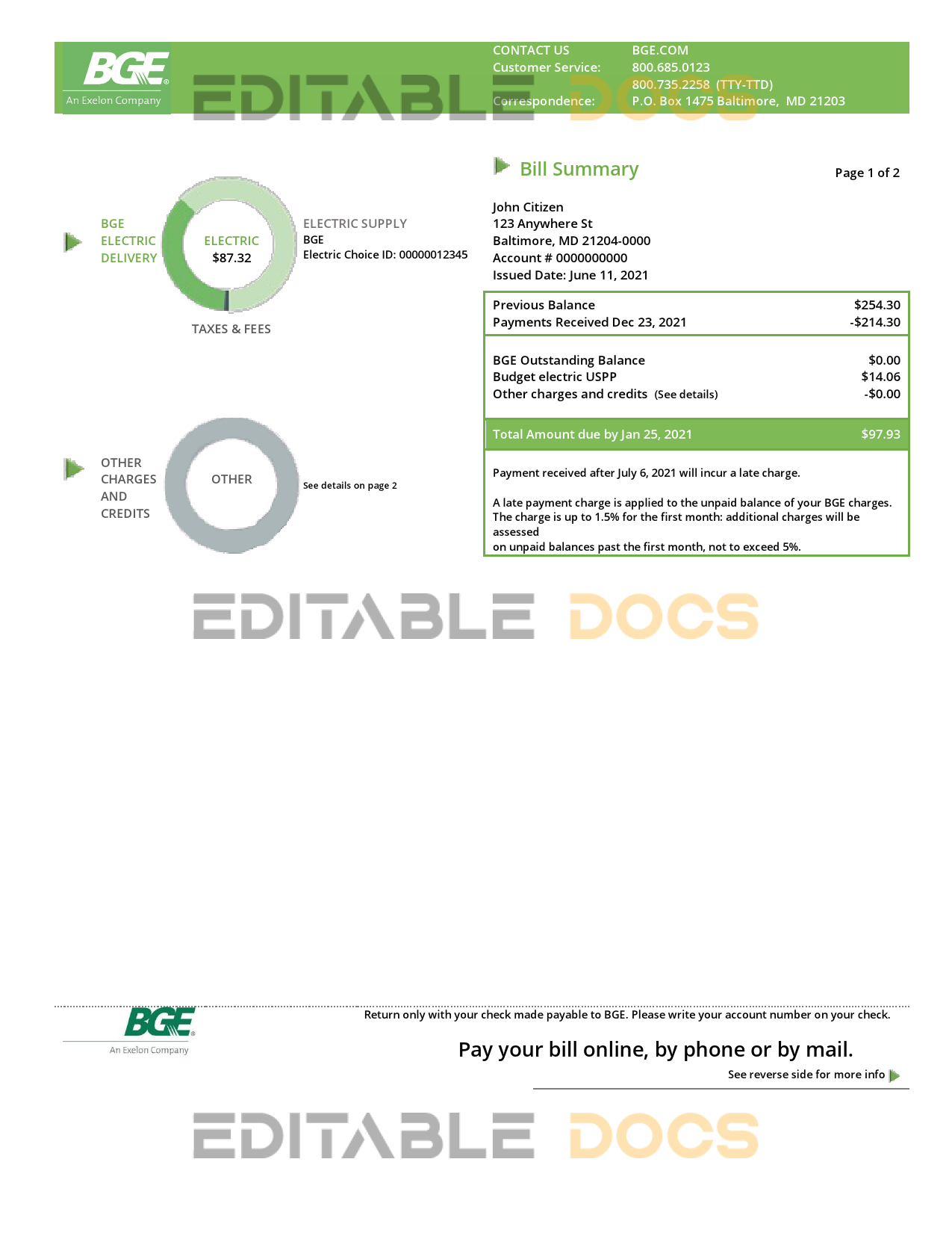 USA Maryland Baltimore Gas and Electric (BGE) utility bill template in Word and PDF format (2 pages)