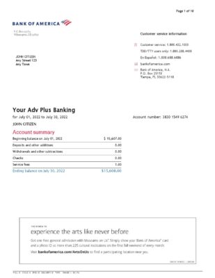 USA Bank of America bank statement Word and PDF template (10 pages), version 5