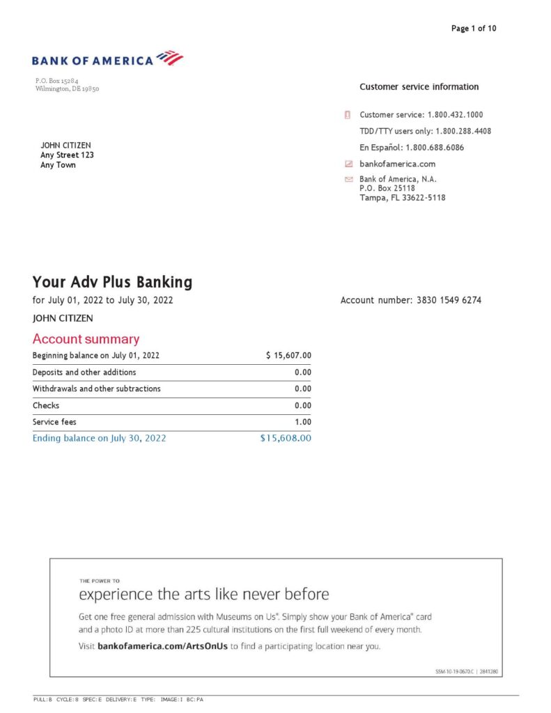 USA Bank of America bank statement Word and PDF template (10 pages), version 5