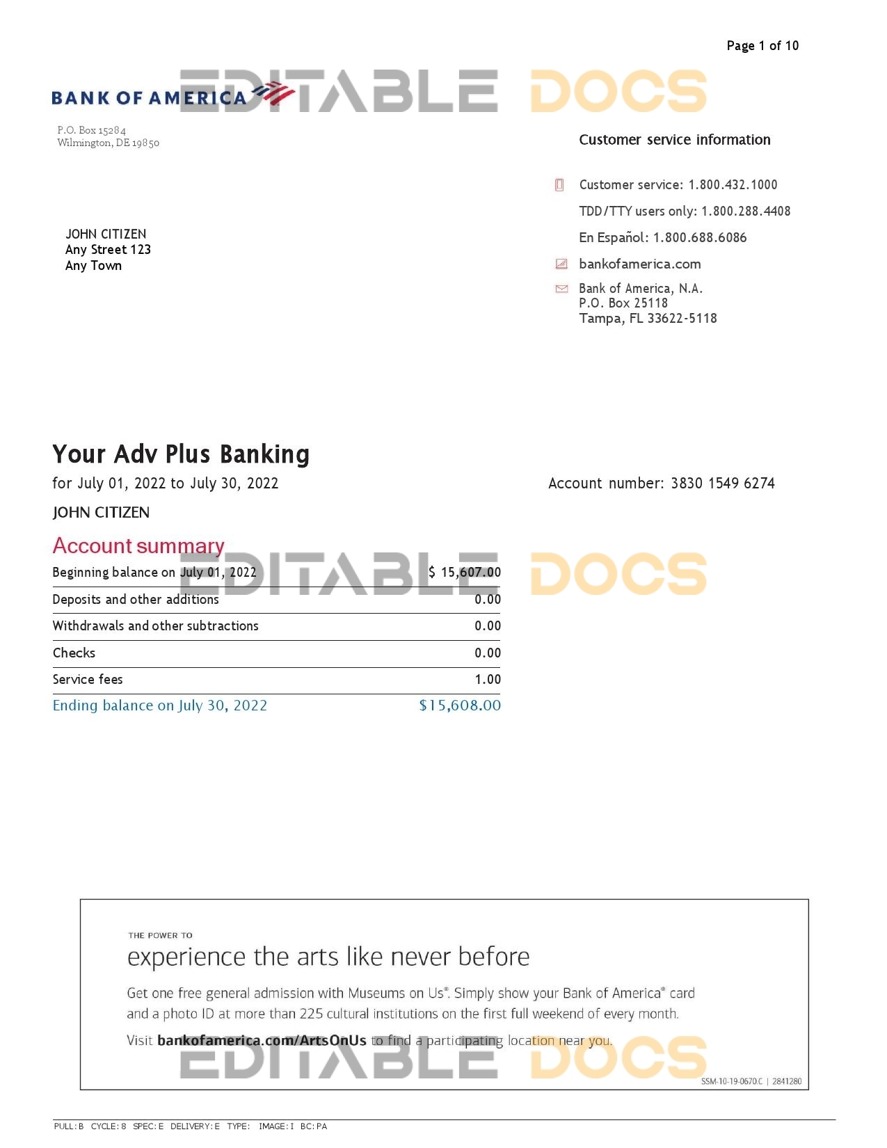 USA Bank of America bank statement Word and PDF template (10 pages), version 5