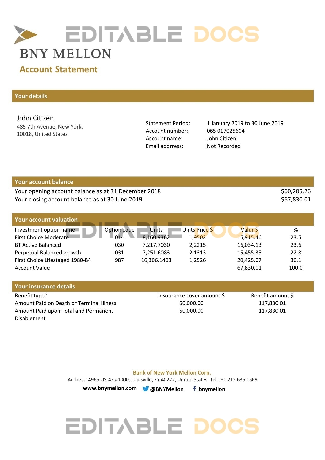 USA Bank of New York Mellon proof of address bank statement template in Word and PDF format (.doc and .pdf)