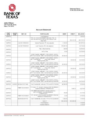 USA Bank of Texas account statement Word and PDF template