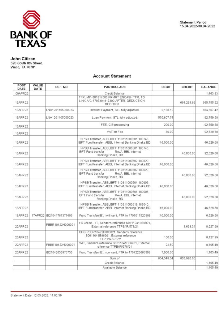 USA Bank of Texas account statement Word and PDF template