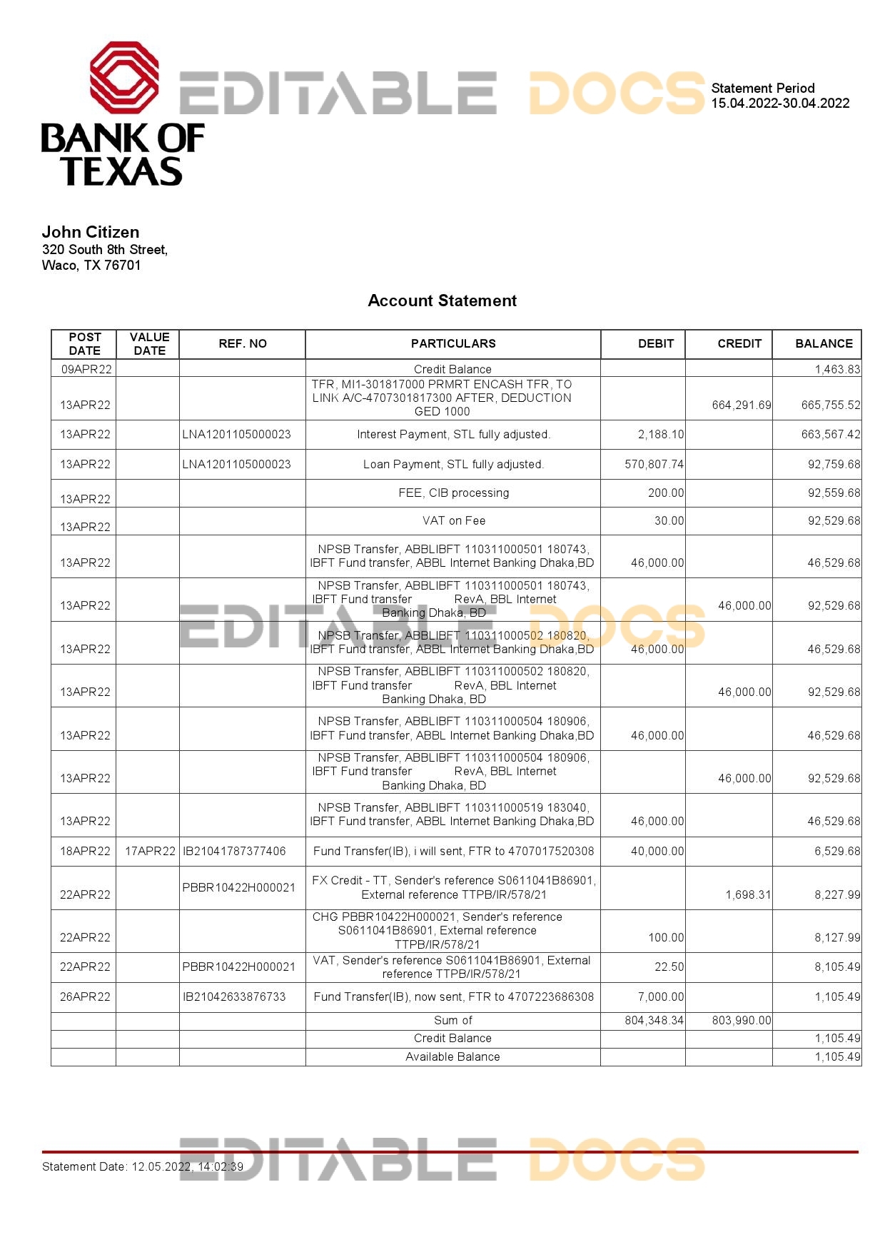 USA Bank of Texas account statement Word and PDF template
