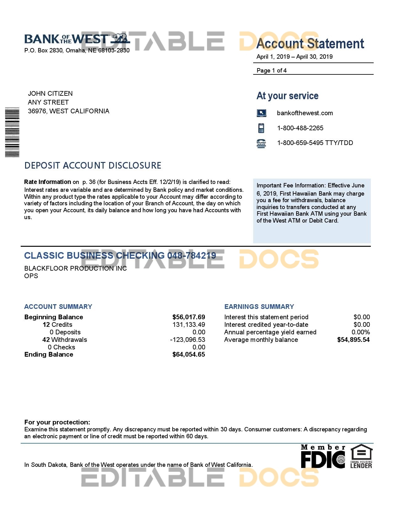 USA Bank of the West bank statement template in Word and PDF format