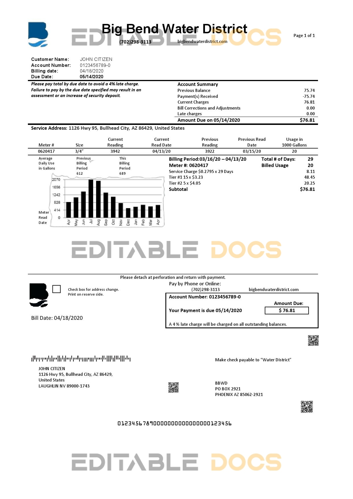 USA Nevada Big Bend Water District utility bill template in Word and PDF format