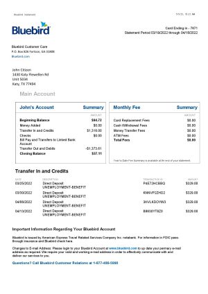 USA Editable Templates 2 USA Bluebird bank statement Word and PDF template